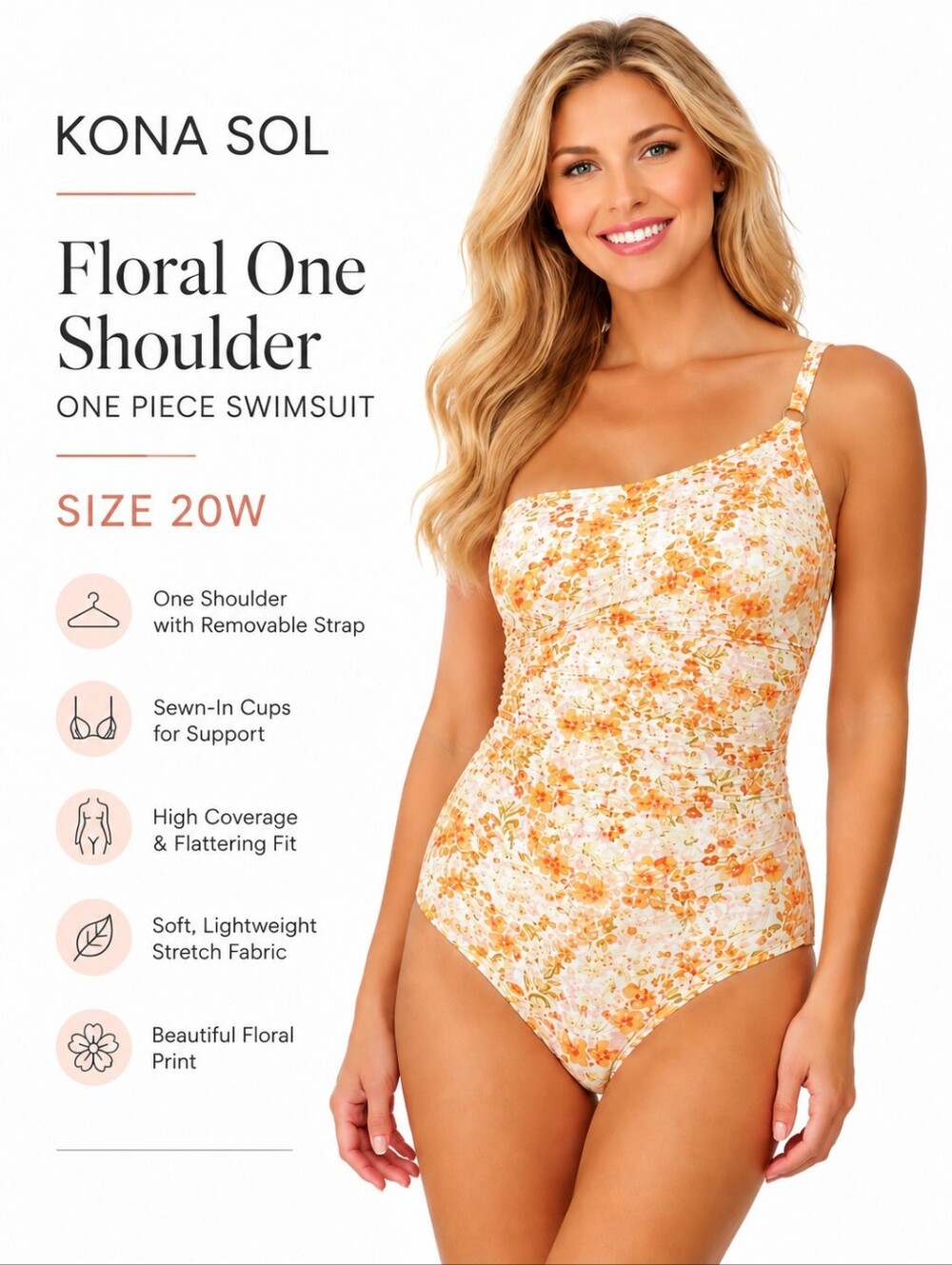 Kona Sol Women's Floral One Shoulder High Coverage One Piece Swimsuit Size 20W